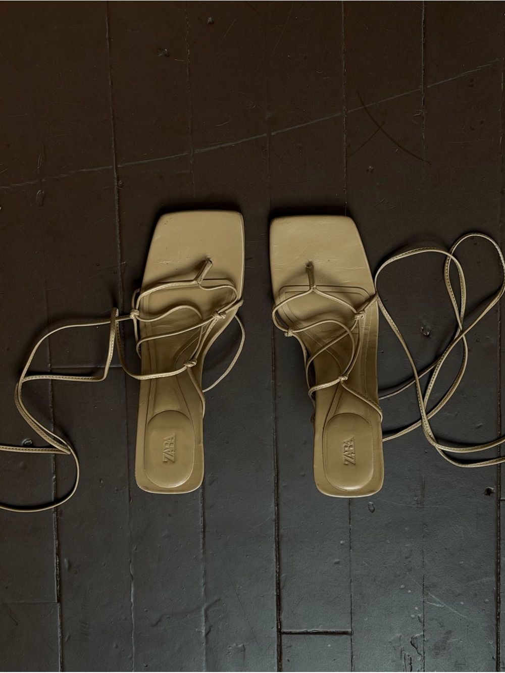 ZARA Lace-Up Square-Toe Sandals in Beige